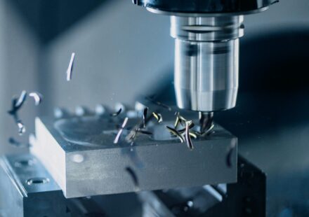 Close-up of a CNC milling machine working on metal for precise manufacturing.